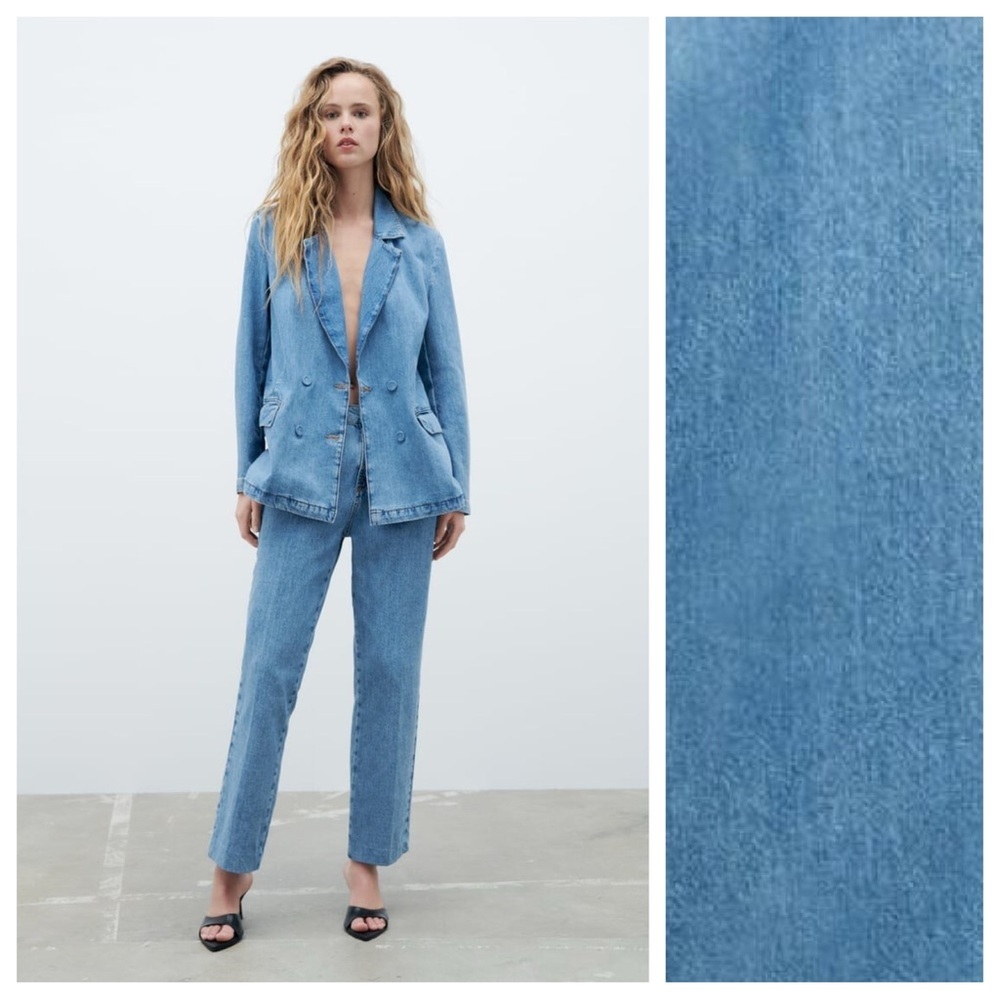 NWT. Zara Blue Denim Double Breasted Fitted Blazer. Size XS.